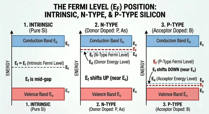 Fermi level position in p-type and n-type semiconductor